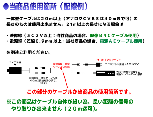 防犯カメラ・電源映像一体型BNCケーブル20m｜ES-2C2V20