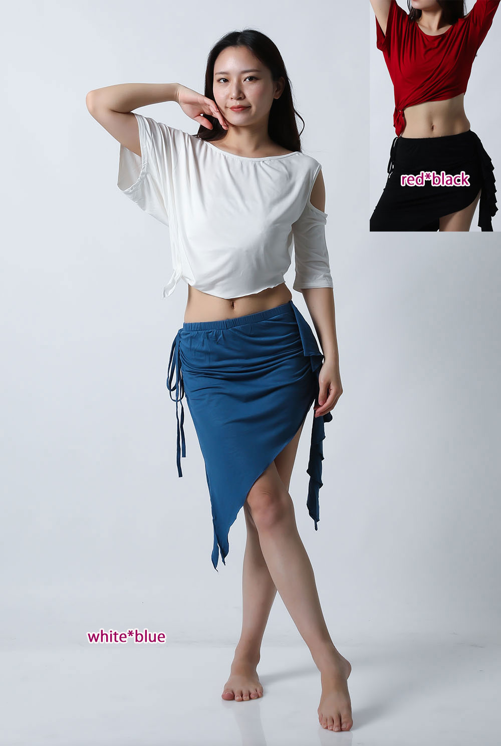 ベリーダンスレッスン着CE48オープンショルダー*ショート丈スカート(トップス+スカート)2点セット(2 colors)【ネコポス便送料無料】