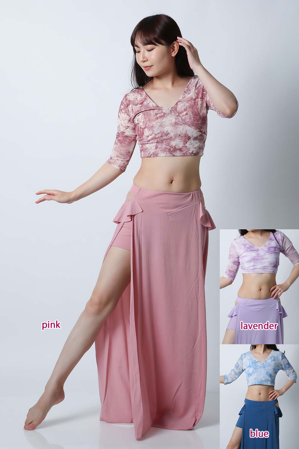 ベリーダンスレッスン着CE50プリント柄トップス+単色スカート2点セット(3 colors)【ネコポス便送料無料】