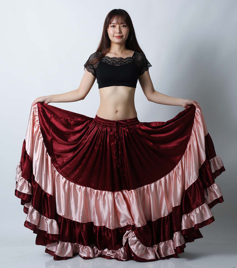 25ヤードスカートM1-8サテンゴージャスフリル（ワイン/ピンク)（wine/pink)【宅配便送料無料】トライバル、フラメンコフュージョン、スパニッシュフュージョン