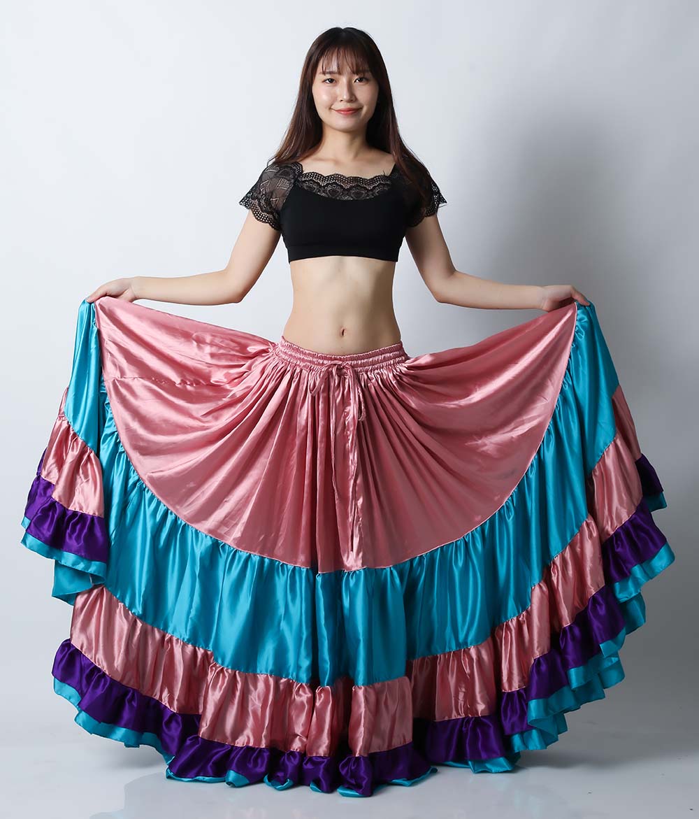 25ヤードスカートM1-9サテンゴージャスフリル（ピンク/ライトブルー)（pink/light blue)【宅配便送料無料】トライバル、フラメンコフュージョン、スパニッシュフュージョン