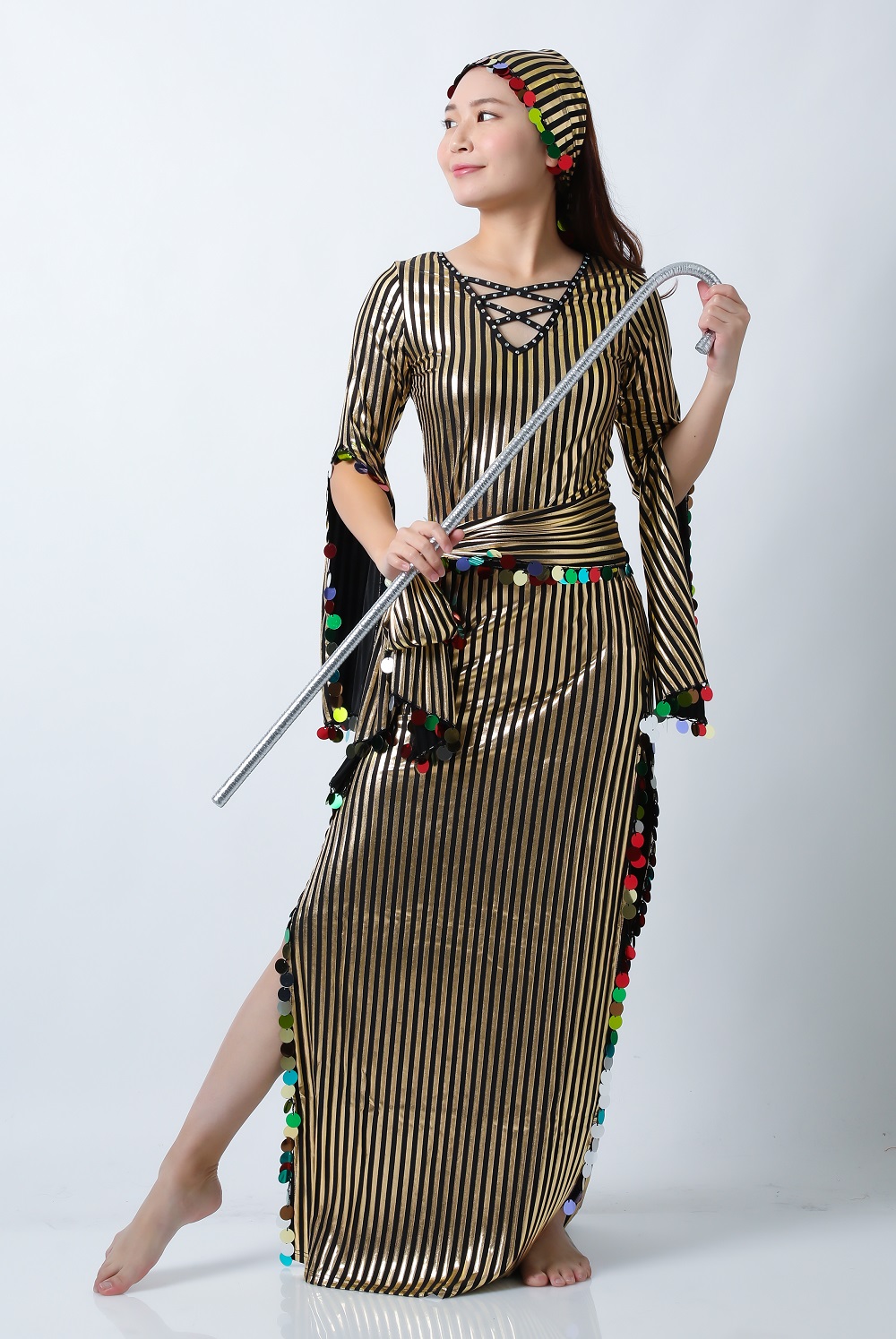 ストライプサイーディドレスSAI53-3(黒*ゴールド)フォークロア衣装【宅配便送料無料】発表会にお勧めです。