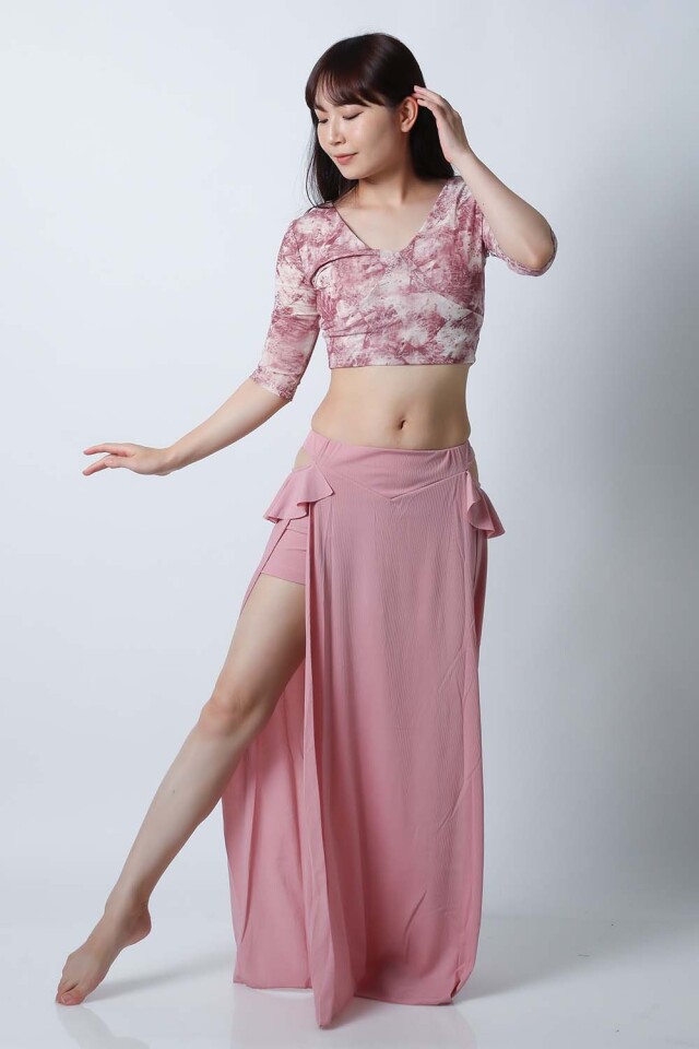 ベリーダンスレッスン着CE50プリント柄トップス+単色スカート2点