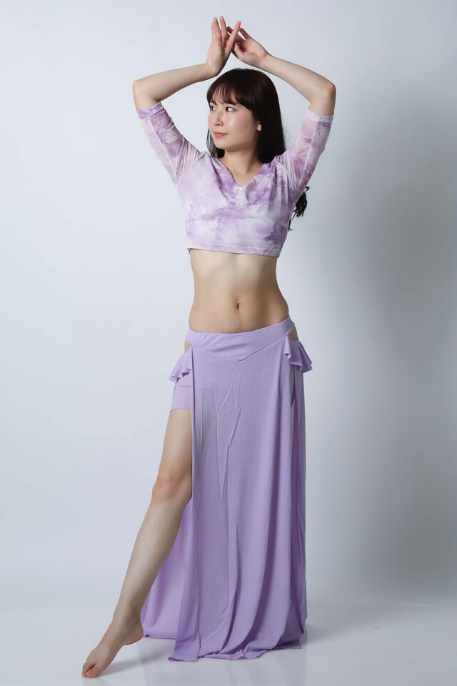 ベリーダンスレッスン着CE50プリント柄トップス+単色スカート2点セット