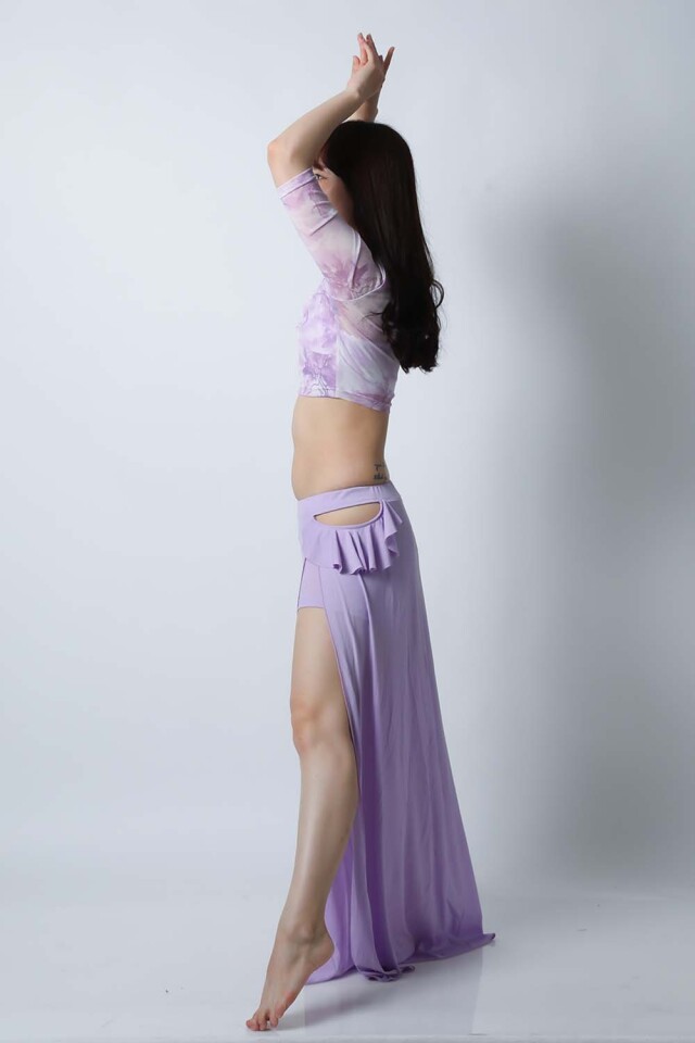 ベリーダンスレッスン着CE50プリント柄トップス+単色スカート2点セット