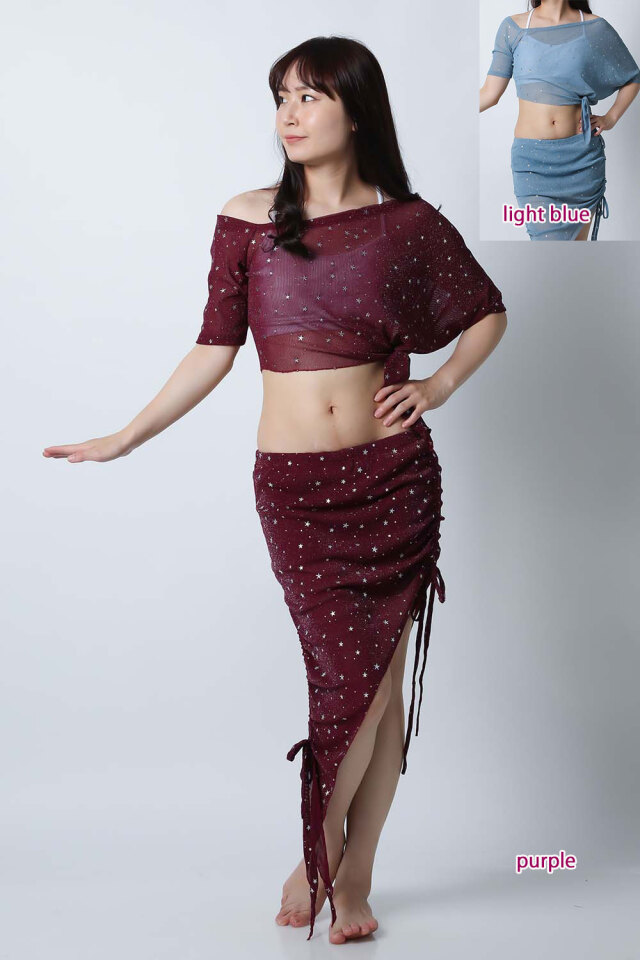 ベリーダンスレッスン着CE52スター×ドット模様トップス+スカート2点セット(2 colors)【ネコポス便送料無料】