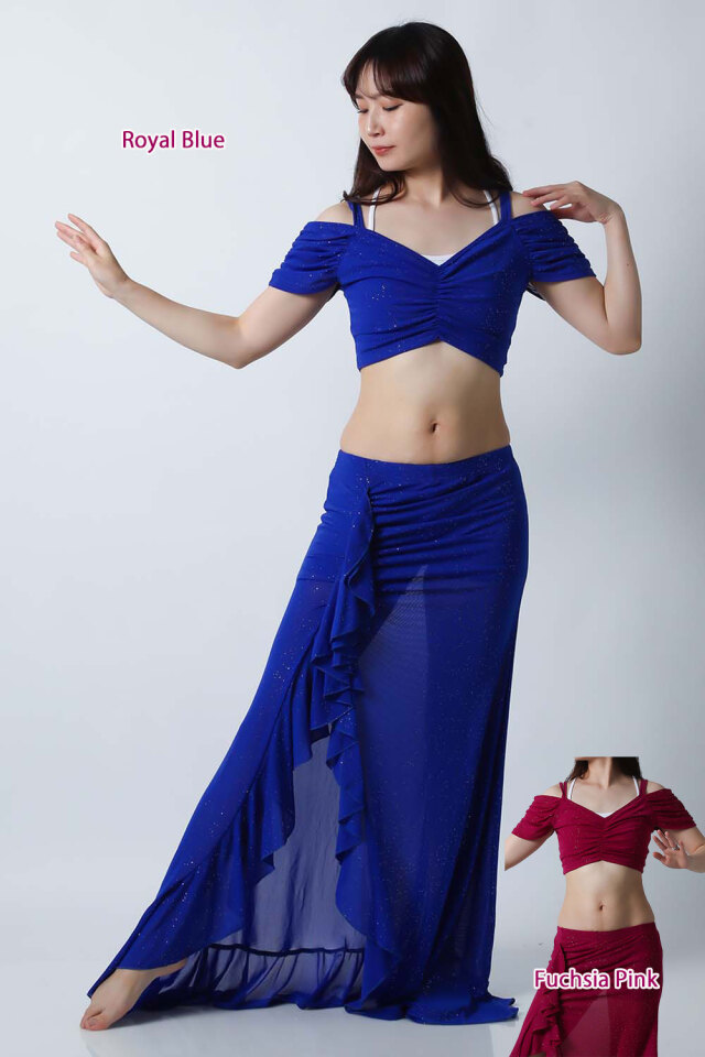 ベリーダンスレッスン着CE53ラメ入りビビットカラー(トップス+スカート2点セット)(2 colors)【宅配便送料無料】