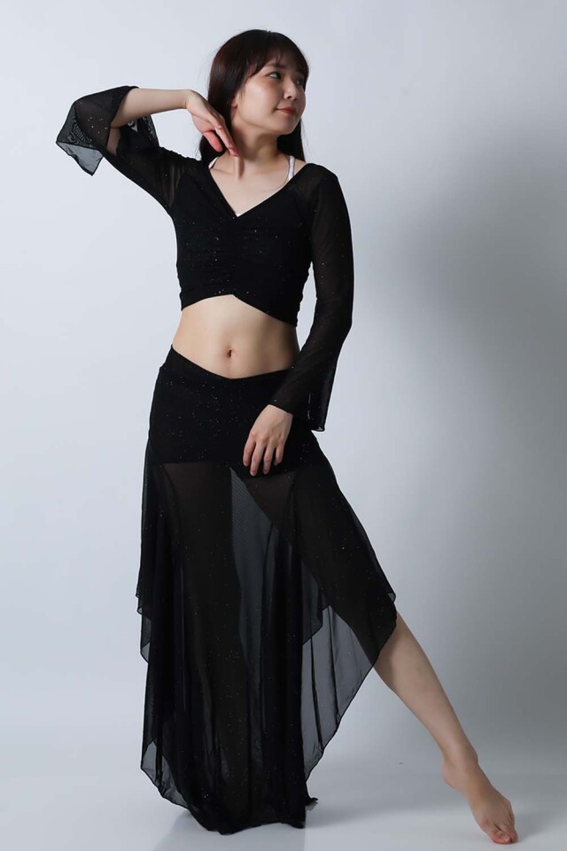 ベリーダンススカート　黒　ブラック 楽天市場】ベリーダンス レッスン着 2点セットアップ衣装 黒 7分袖 露