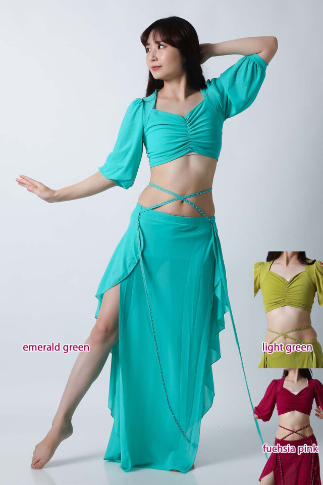 ベリーダンスレッスン着CE56ラメ入りバルーン袖(トップス+スカート2点セット)(S-Mサイズ)(3 colors)【宅配便送料無料】