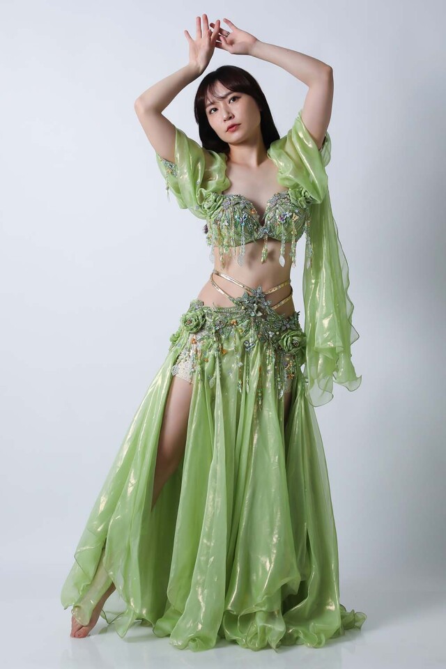 エジプト製 ベリーダンス衣装 グリーン(プロダンサー使用品) ベリーダンス衣装エリフ【elif】エジプト製Hoydaベリーダンス