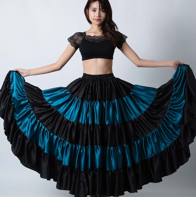 25ヤードスカートD25Lフラメンコフュージョン（黒＆ティール)（black＆teal)【宅配便送料無料】トライバル、フラメンコフュージョン、スパニッシュフュージョン