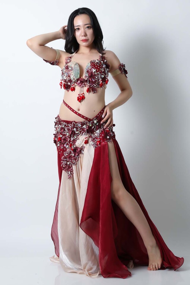 エジプト製【Amr】ベリーダンスコスチュームCF-COS-A375-1(ワイン、ベージュ)【宅配便送料無料】発表会、イベントにお勧めです。