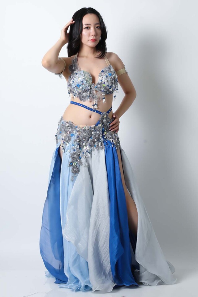エジプト製【Amr】ベリーダンスコスチュームCF-COS-A379-1(ブルー、グレー)【宅配便送料無料】発表会、イベントにお勧めです。
