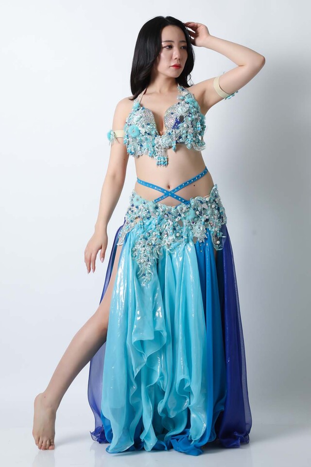 エジプト製【Amr】ベリーダンスコスチュームCF-COS-A383-1(ブルー、ライトブルー)【宅配便送料無料】発表会、イベントにお勧めです。