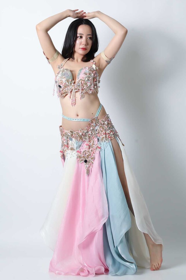【訳あり品】エジプト製【Amr】ベリーダンスコスチュームCF-COSA389-1(ピンク、グレー)【宅配便送料無料】発表会、イベントにお勧めです。