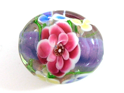 花トンボ玉 平ナツメ22x24mm 椿 パープル 金入り 1個入 Elm Green