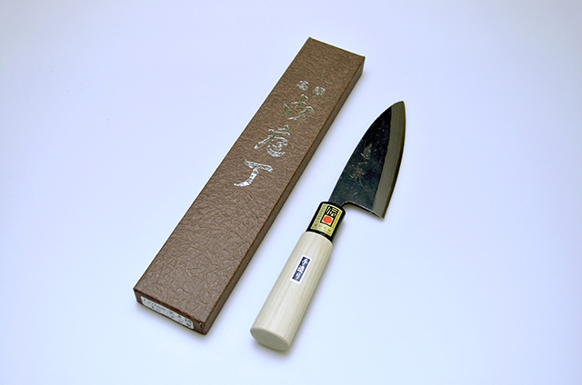 【伊野忠刃物製作所】E22　菊一鉄 アジ裂包丁 120mm 白2鋼 水牛柄