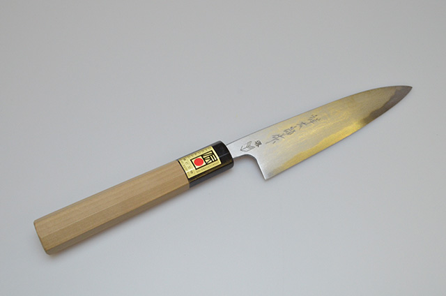 【ノムラ刃物】46　祥太郎作 細工包丁135mm 両刃　青鋼 水牛柄