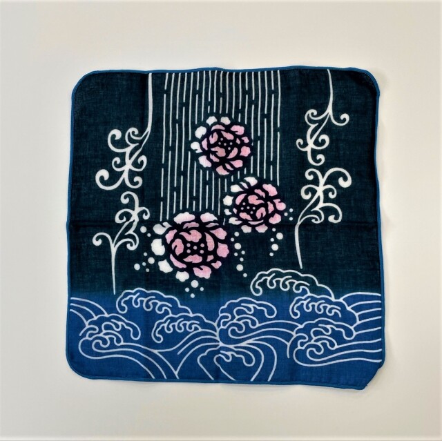 【左海壷人】注染ダブルガーゼハンカチ 波と花