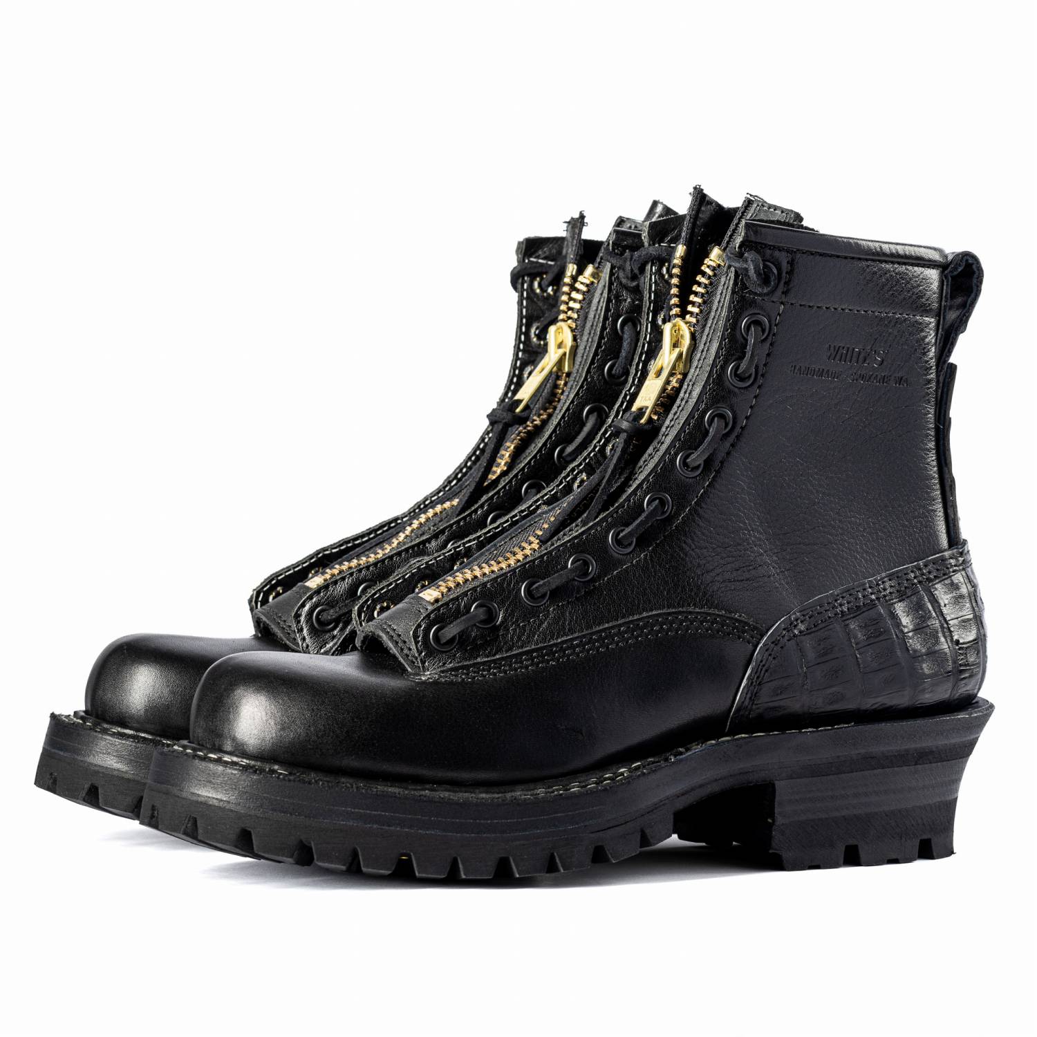 WHITE'S BOOTS Smoke Jumper 375 LTT 7-inch Black Caiman × French Calf × Buffalo / Lace-in Zipper / Triple Sole カイマン ワニ革