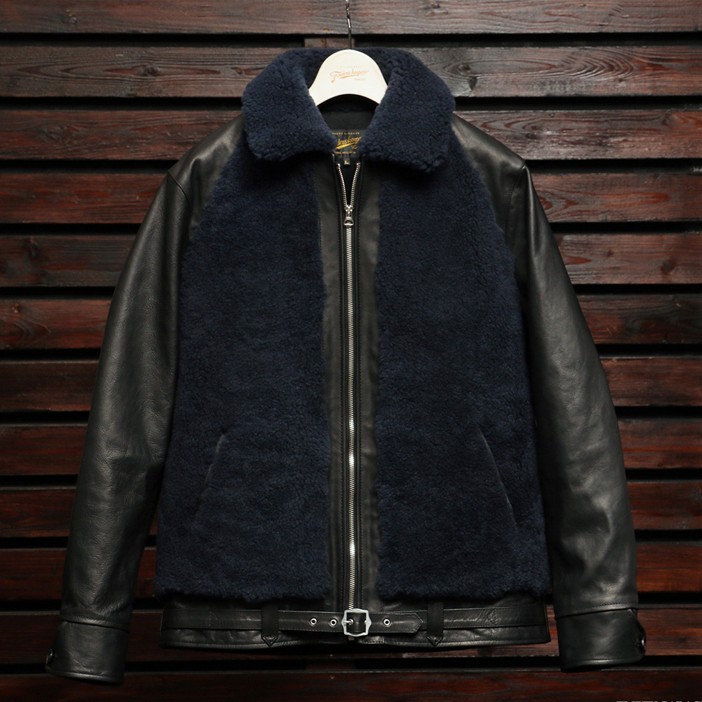 EMPTY GARAGE 別注 FindersKeepers FK-GRIZZLY JACKET BLACK HORSEHIDE x NAVY SHEEPSKIN