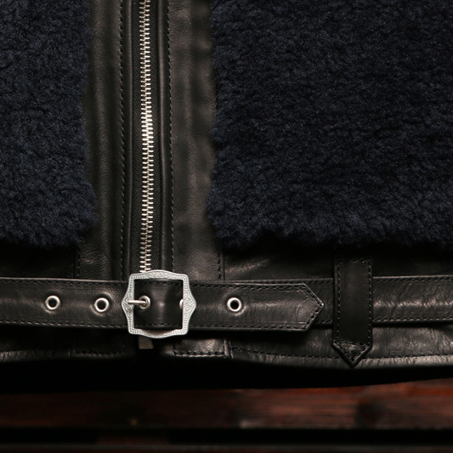 EMPTY GARAGE 別注 FindersKeepers FK-GRIZZLY JACKET BLACK HORSEHIDE x NAVY SHEEPSKIN