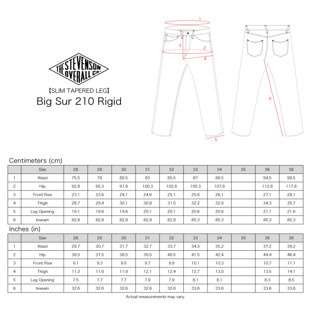 STEVENSON OVERALL Co. Big Sur 210 RIGID manufacturer size chart