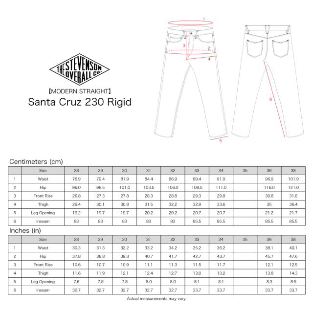 STEVENSON OVERALL Co. Santa Cruz 230 RIGID manufacturer size chart
