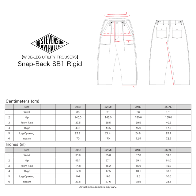 STEVENSON OVERALL Co. Snap-Back SB1 manufacturer size chart S30 M32