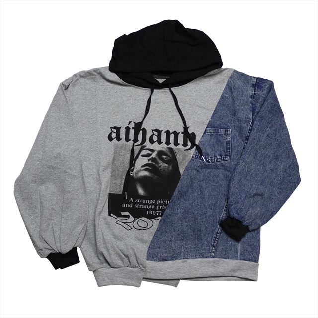 デニム切替スウェットプルオーバーパーカー