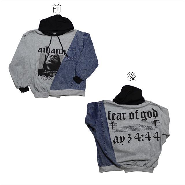 デニム切替スウェットプルオーバーパーカー