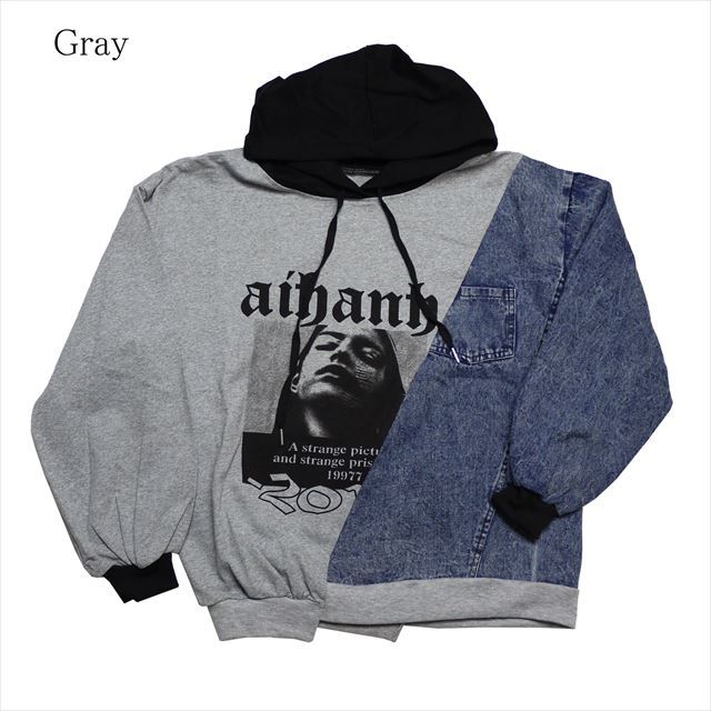 デニム切替スウェットプルオーバーパーカー