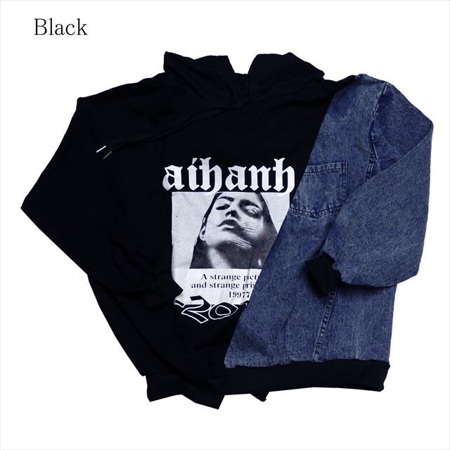 デニム切替スウェットプルオーバーパーカー