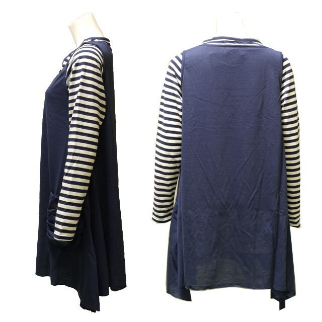 ボーダーフェイクアンサンブル　重ね着風　チュニック　トップス　カジュアル 　長袖　秋物　春物