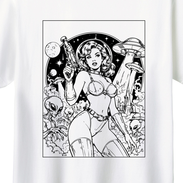 レトロSF UFO エイリアン イラストTシャツ ヴィンテージ アメコミ風 ピンナップガール