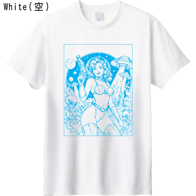 レトロSF UFO エイリアン イラストTシャツ ヴィンテージ アメコミ風 ピンナップガール