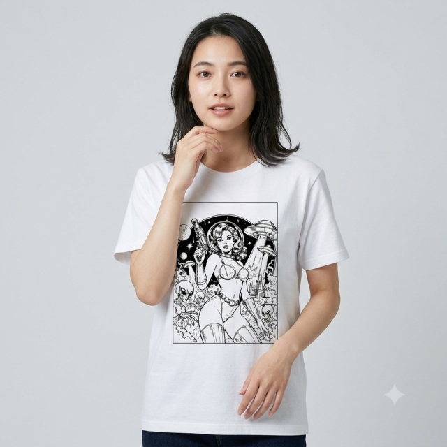レトロSF UFO エイリアン イラストTシャツ ヴィンテージ アメコミ風 ピンナップガール