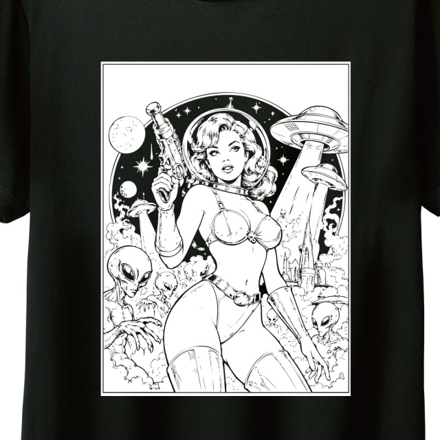 レトロSF UFO エイリアン イラスト 黒 Tシャツ ヴィンテージ アメコミ風 ピンナップガール ブラック