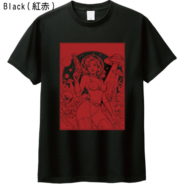 レトロSF UFO エイリアン イラスト 黒 Tシャツ ヴィンテージ アメコミ風 ピンナップガール ブラック