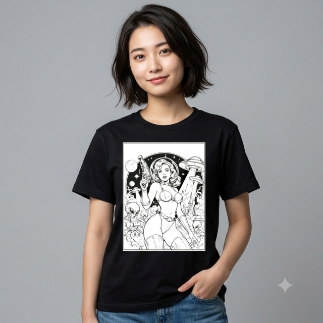 レトロSF UFO エイリアン イラスト 黒 Tシャツ ヴィンテージ アメコミ風 ピンナップガール ブラック