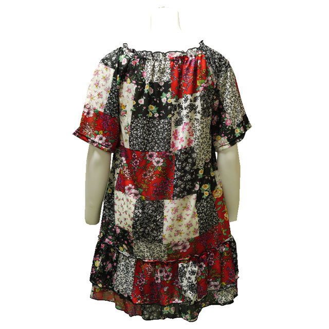 花柄シフォンチュニック　夏　半袖　クラシカル　リゾート　ビーチ　フェミニン　ワンピース