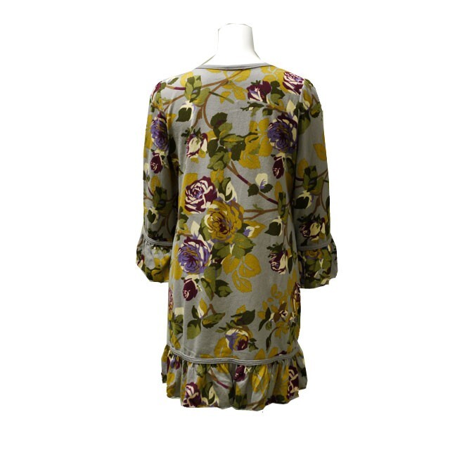 レトロ花柄 チュニック M ゆったり 長袖 秋 冬 フリル裾 細身パンツコーデ