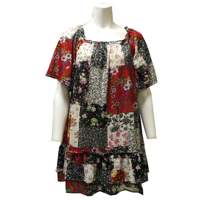 花柄シフォンチュニック　夏　半袖　クラシカル　リゾート　ビーチ　フェミニン　ワンピース