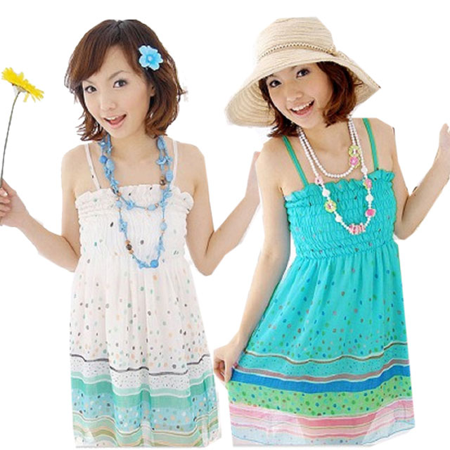 シフォンキャミソールワンピース　夏　ノースリーブ　リゾート　ガーリー　水玉　チュニック