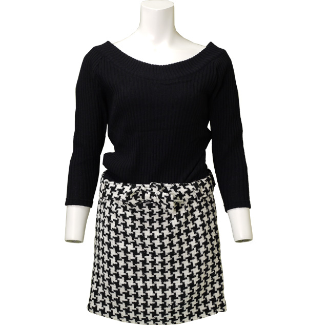 リボンベルト付き千鳥柄切り替えワンピース