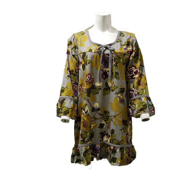 レトロ花柄 チュニック M ゆったり 長袖 秋 冬 フリル裾 細身パンツコーデ