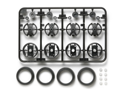 T15444　タミヤ　スーパーX･XXシャーシ 大径ワンウェイホイール（オフセットタイヤ付き）