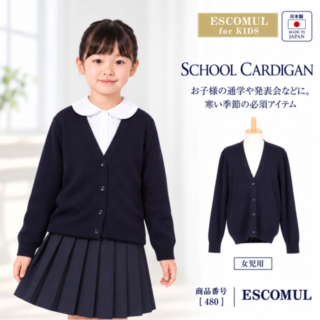 女児国産毛混スクールカーディガン[110cm,120cm,130cmc,140cm][通学,発表会,幼児教室,紺]480