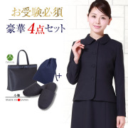 【40%OFF】【お受験スーツ安心4点セット】お受験ママを応援!濃紺スーツプレミアムフォーマルセット/濃紺アンサンブル（半袖）鹿の子織り+日本製自立型トートバッグ+日本製スリッパ+スリッパ収納袋の豪華4点セット[お受験,紺,学校説明会,面接]PFKVA-7116