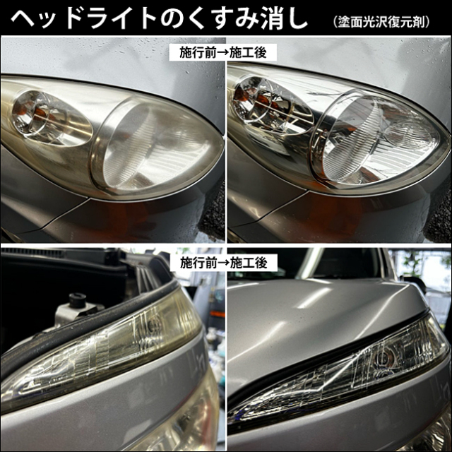 車の擦り傷消し、ヘッドライトの曇り消し、水垢くすみ除去、塗面光沢